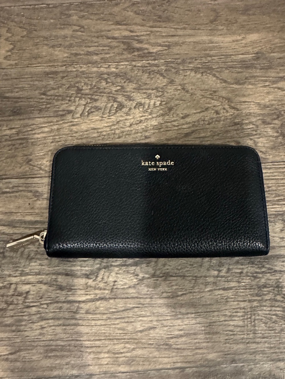 kate spade Black Pebbled Leather Zip Wallet with Gold Logo